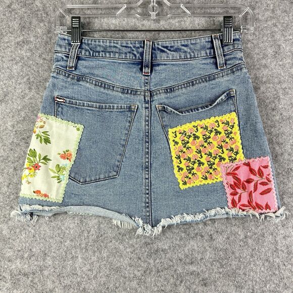 Alice + Olivia Route 66 Patchwork Mini Skirt Womens 26 Blue Denim High Rise Boho - Picture 5 of 12